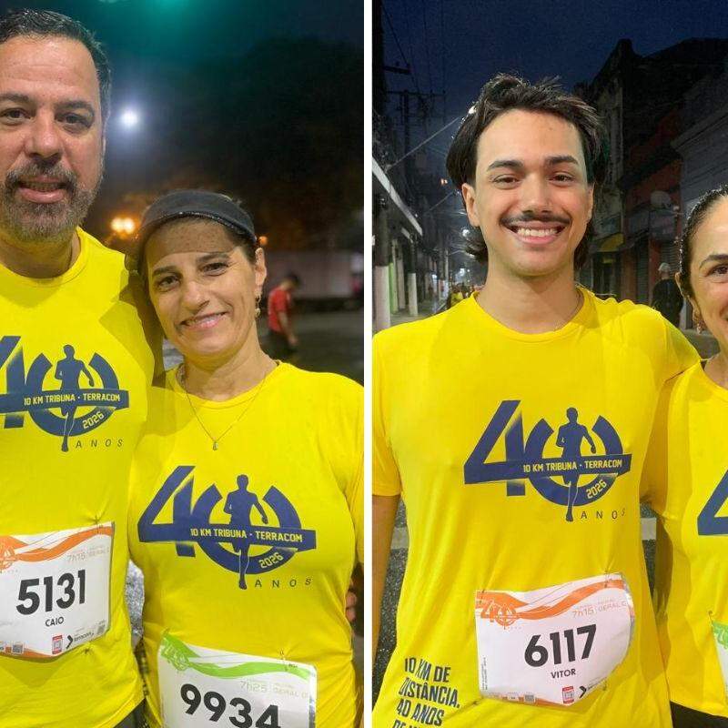 Caio e Tânia (Esquerda) vieram de São Paulo e correm juntos desde 2020; para eles, a prova dos 10 KM Tribuna-Terracom é tradição. Também da Capital, Eliane e o filho Vitor (direita) participam pela primeira vez