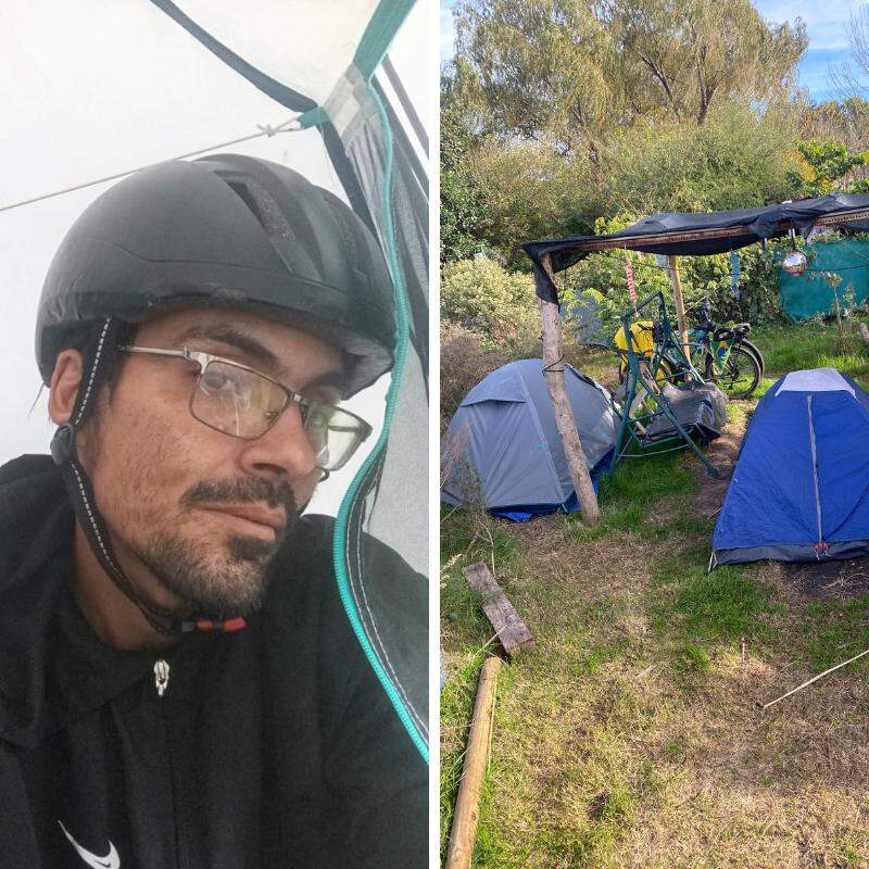 Georgios saiu de bicicleta de São Vicente em abril; o ajudante de pedreiro comenta que ganhou um capacete para continuar sua aventura rumo à Argentina