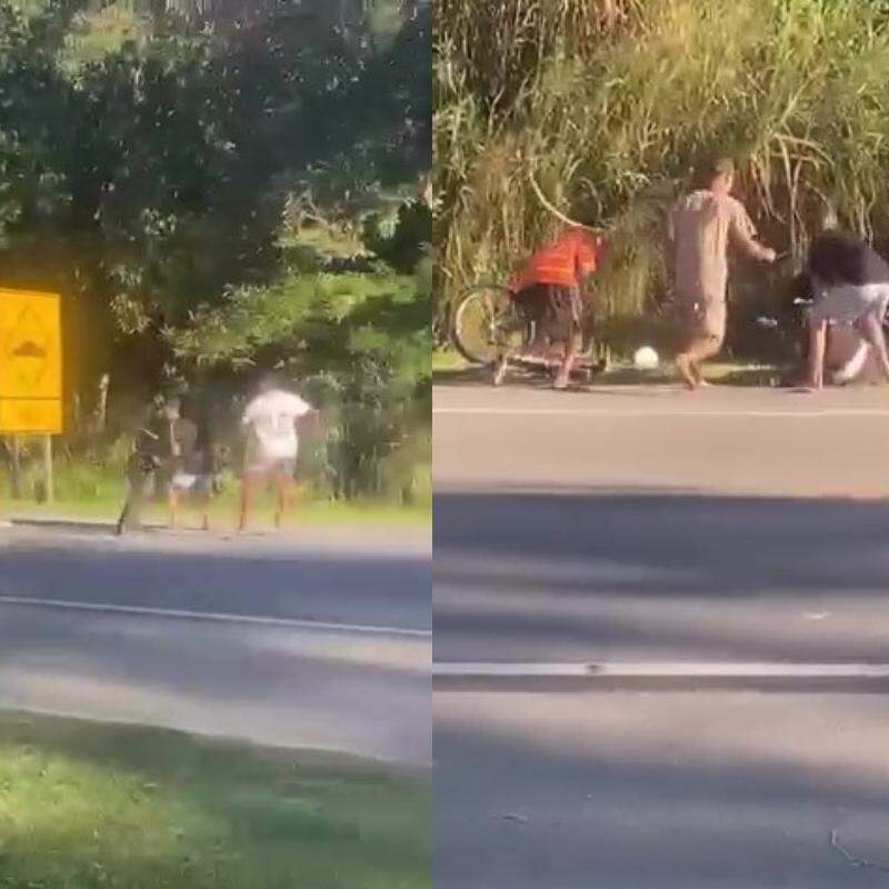 O casal de turistas foi chutado e socado após ser jogado no chão pela gangue