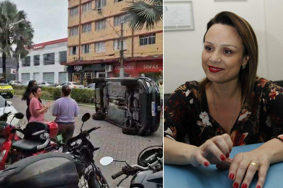 Veículo da vereadora Janaina Ballaris tombou após colidir contra outro automóvel na Avenida Costa e Silva, no bairro Boqueirão, na tarde deste sábado